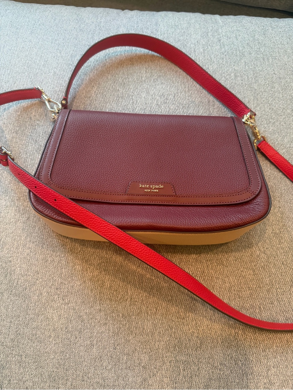 Kate Spade Burgundy and Red Pebbled Leather Crossbody with Tan Base